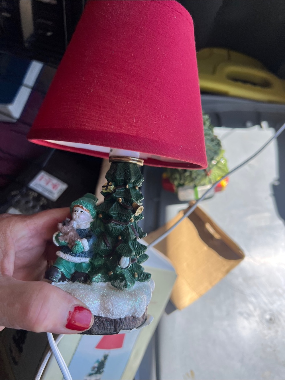 Holiday Table Lamp with Red Shade and Green Tree Base